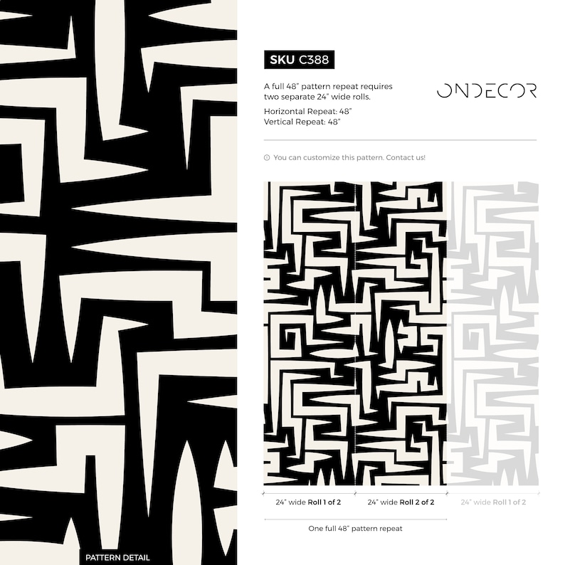 May include: Black and white geometric pattern wallpaper with a maze-like design. The pattern repeats every 48 inches and requires two 24-inch wide rolls. SKU C388.