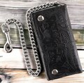 RFID Blocking Men's Tri-fold Vintage Long Style cow Leather With Chain card holder Wallet, Made In USA