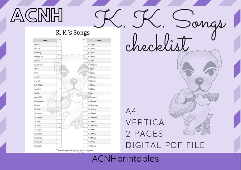 ACNH Printable K. K. Songs Checklist / Instant Download / A4 / Etsy