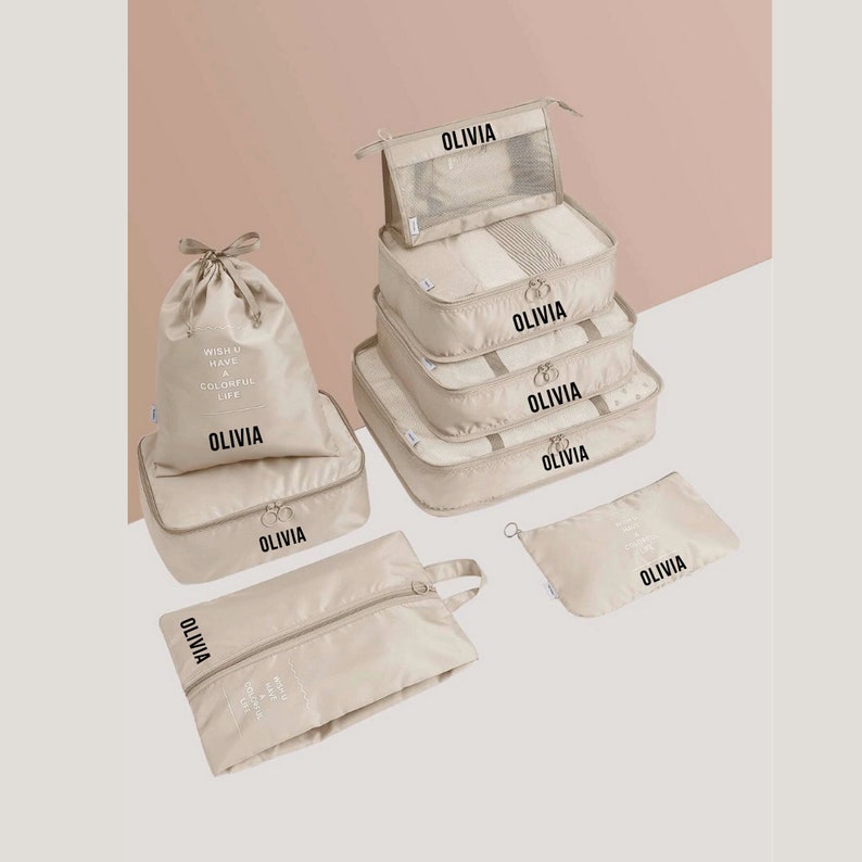 PERSONALIZED 8 PCS BEIGE Travel/ Cube Organizer Set Foldable WITH Names