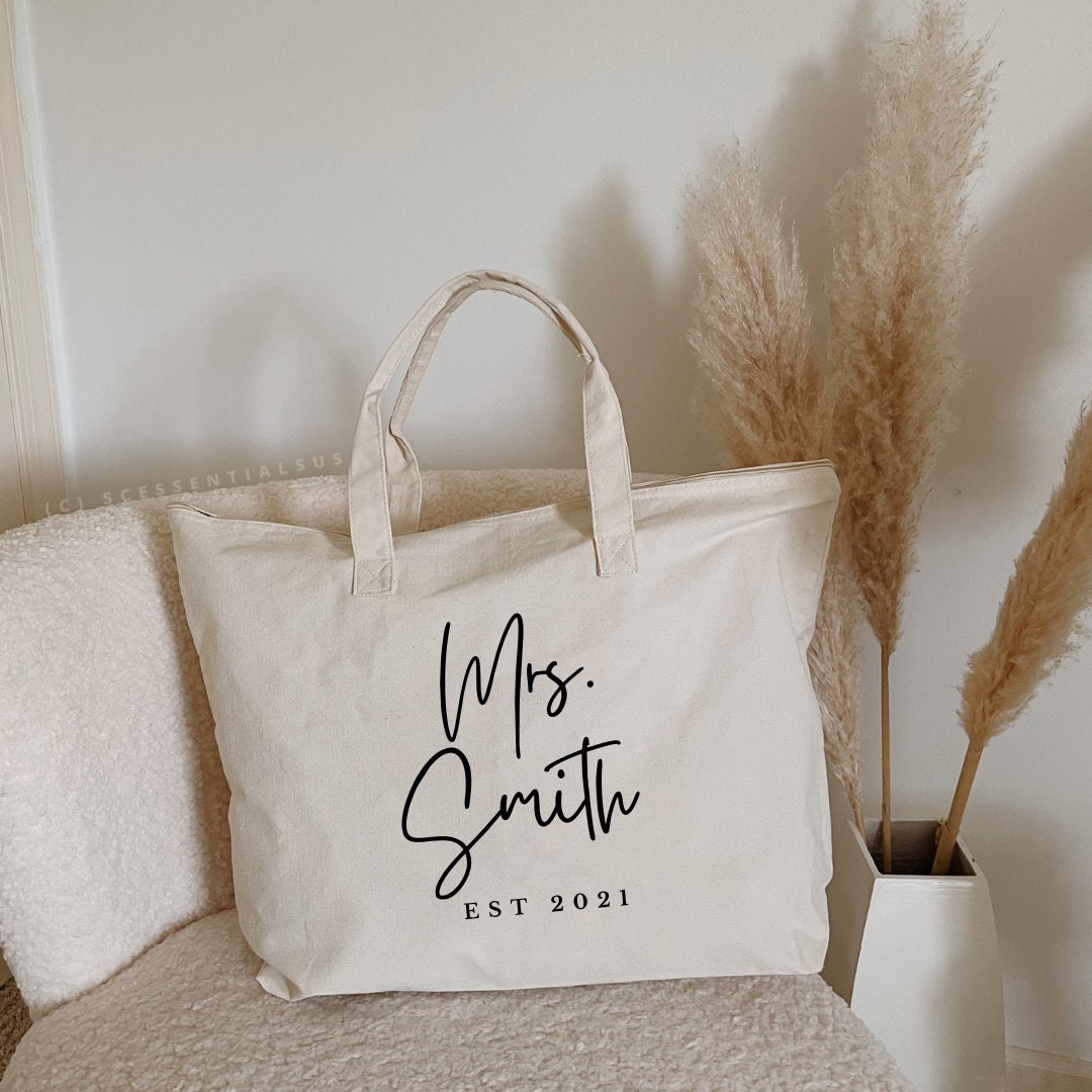 XL Zippered Personalized Bride Tote Bag | Mrs Tote Bag | Customized B…