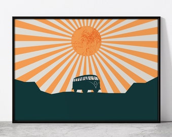 Retro Camper Van Poster - Minimalist Wall Art - A4 A3