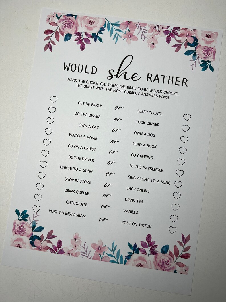 Would She Rather Printable Game Bachelorette Party / Bridal - Etsy