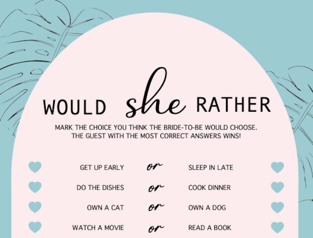 Would She Rather Printable Game Bachelorette Party / Bridal Shower ...