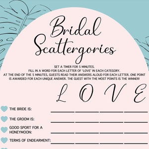 Bridal Scattergories Game – Printable Bridal Shower Activity – Digital Download