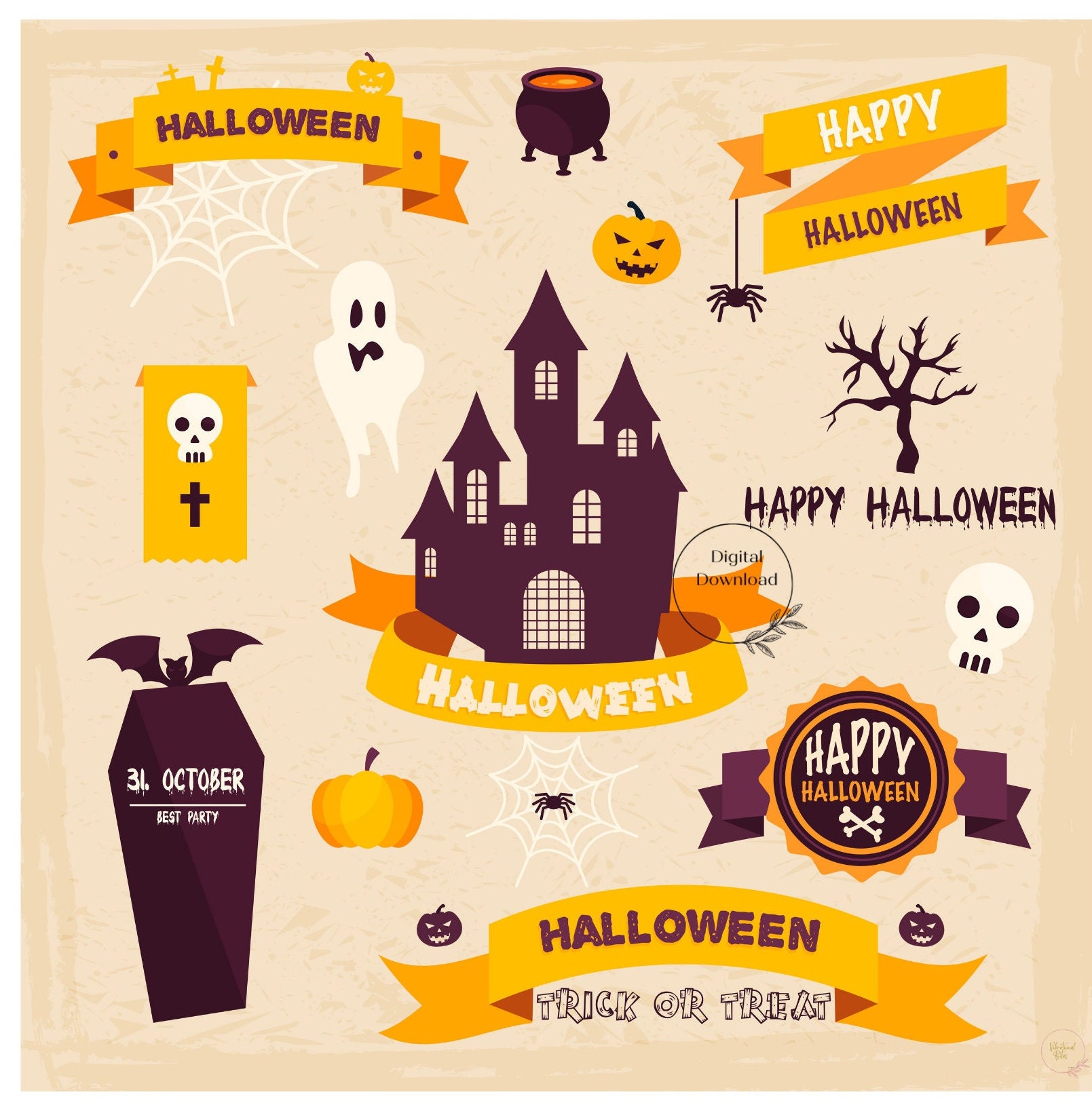 Vintage Halloween Sticker Sheets, PNG Downloadable Journal, Scrapbook ...