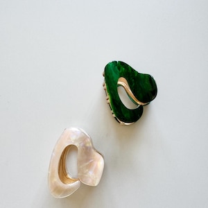 May include: Two hair clips, one green and one white, with a gold metal accent. The clips are made of a textured plastic material.