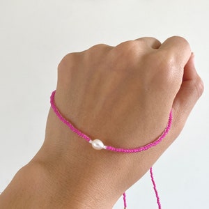 Hot Pink Beaded Necklace, Hot Pink Beaded Bracelet, Natural Water Pearl Beaded Necklace Bracelet, Pink Beaded Necklace Bracelet, Gift