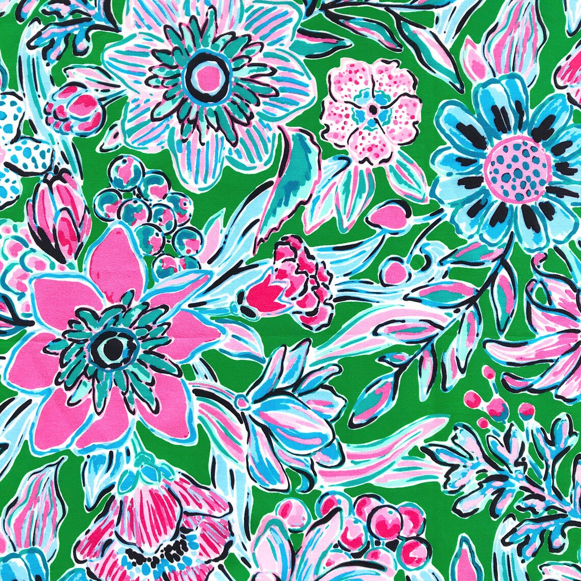 Large Print Beautiful Preppy Pink and Green Floral Fabric by Etsy