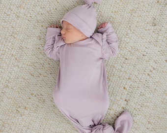 Lavender Knotted Baby Gown, Knit Bamboo Gown with Matching Bow, Knotted Hat 0-3 Months, Newborn Gown, Coming Home Outfit, Baby Shower Gift