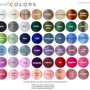 May include: A color chart displaying a variety of thread colors, including white, black, gray, and shades of green, blue, purple, and pink. The text "thread COLORS" is at the top, with additional text at the bottom indicating more colors are available upon request.