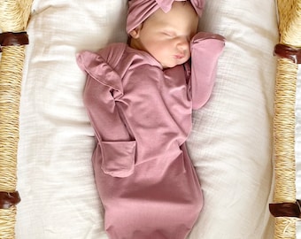 Dusty Rose Bamboo Baby Gown: Newborn Knotted Outfit