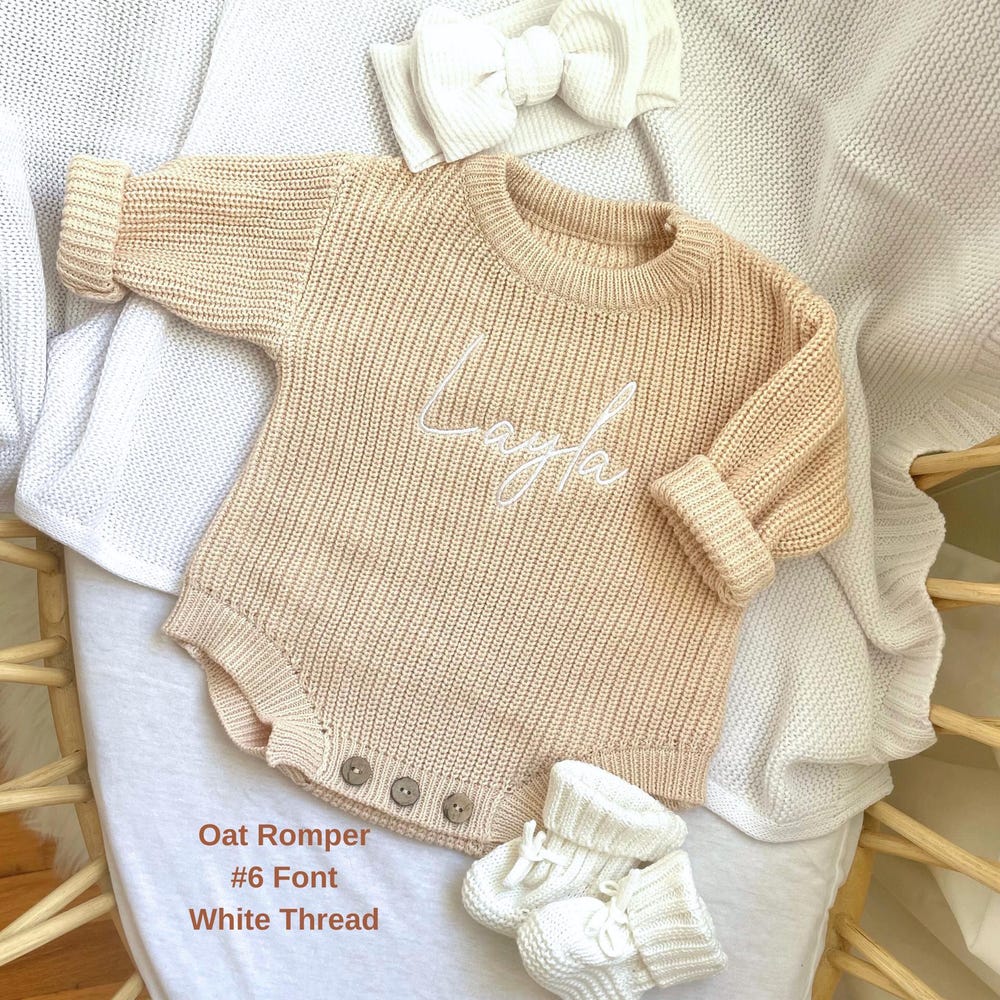 Chunky Sweater Keepsake Embroidered Knit Oversized Sweater Romper, Personalized Newborn Name Chunky Sweater Romper Baby Infant, Embroidered Newborn Sweater Romper Gifts For Day Realtorgift