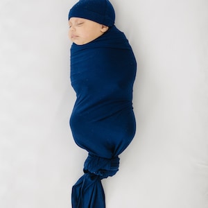 Bamboo Stretchy Swaddling Blanket Navy Blue New Baby Gift Newborn Swaddle Take Home Baby Coming Home Blanket Gender Neutral Newborn Swaddle