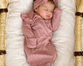 Dusty Rose Bamboo Baby Gown: Newborn Knotted Outfit