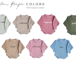 May include: A collection of ribbed knit newborn rompers in various colors, including milky white, oatmeal, dusty rose, green, khaki, pink tulip, and cove. The text "Newborn Romper COLORS" and "100% Organic Cotton" are displayed at the top.