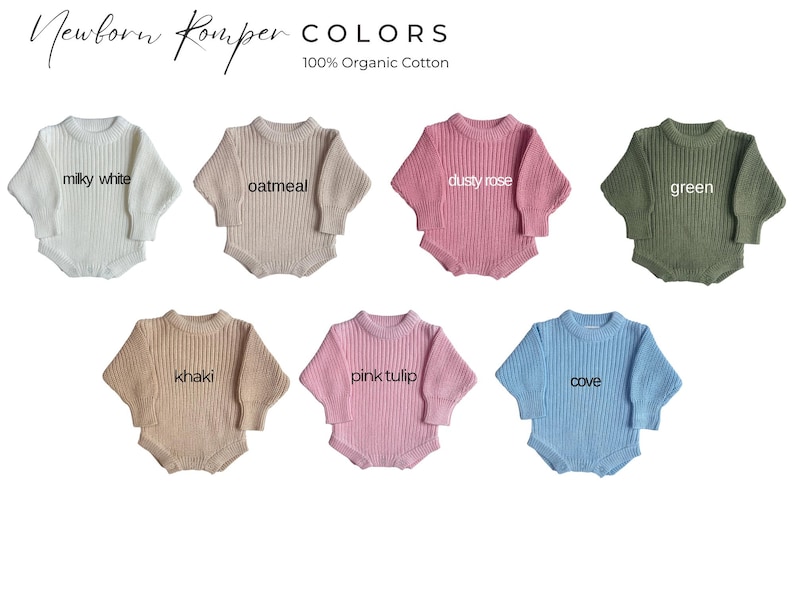 May include: A collection of ribbed knit newborn rompers in various colors, including milky white, oatmeal, dusty rose, green, khaki, pink tulip, and cove. The text "Newborn Romper COLORS" and "100% Organic Cotton" are displayed at the top.