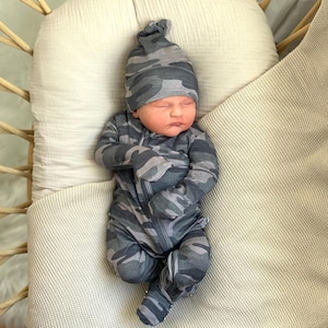Baby Boy Clothes, Camo Bamboo Footie With Hat, Bamboo Baby Clothes, Camo Newborn Take home Outfit Natural Footie