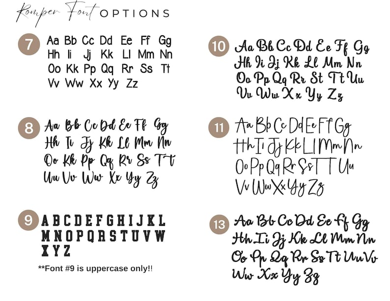 Puede incluir: Imagen que muestra opciones de fuente numeradas 7, 8, 9, 10, 11 y 13. Cada fuente muestra el alfabeto en may&uacute;sculas y min&uacute;sculas. La fuente 9 se especifica solo en may&uacute;sculas. El texto "Romper Font OPTIONS" est&aacute; en la parte superior.