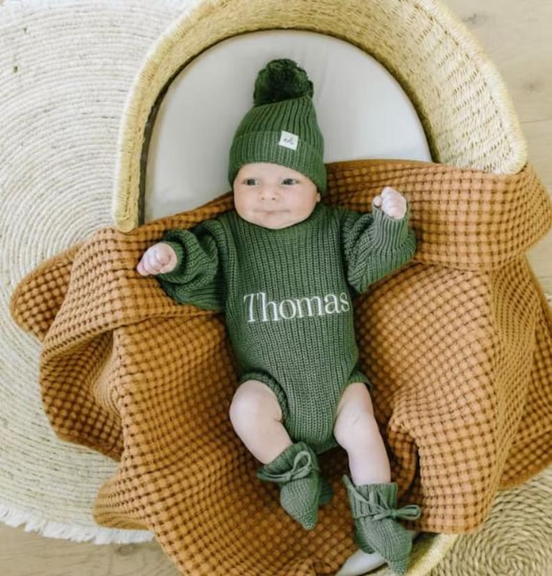 Keepsake Embroidered Knit Sweater Romper, Personalized Newborn Name Chunky Sweater Romper Baby Infant, Embroidered Newborn Oversized Sweater image 3