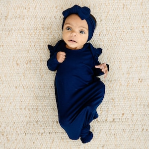 Navy Blue Knotted Baby Gown, Girl Bamboo Gown with Matching Bow, Knotted Hat 0-3 Months, Newborn Gown, Coming Home Outfit, Baby Shower Gift