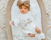 Keepsake Embroidered Knit Ruffle Romper, Personalized Newborn Name Chunky Sweater Romper Baby Girl, Embroidered Newborn Oversized Sweater