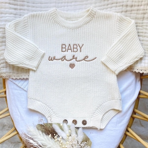 Keepsake Embroidered Knit Oversized Sweater Romper, Baby Announcement Newborn Name Sweater Romper Baby Infant, Embroidered Newborn Sweater