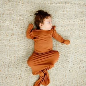 Camel Knotted Baby Gown, Brown Newborn Girl Bamboo Gown with Matching Bow Knotted Hat, Newborn Gown, Coming Home Outfit, Baby Shower Gift