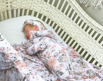 Floral Bamboo Baby Knotted Gown, Claire Pink Newborn Outfit