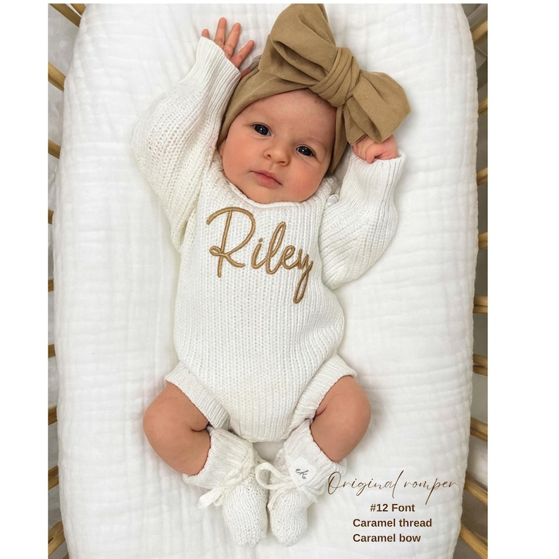 Keepsake Embroidered Knit Sweater Romper, Personalized Newborn Name Chunky Sweater Romper Baby Infant, Embroidered Newborn Oversized Sweater image 1