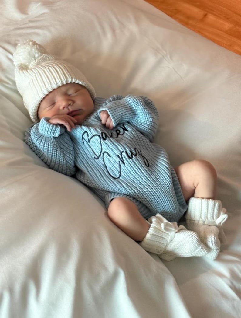 Keepsake Embroidered Knit Sweater Romper, Personalized Newborn Name Chunky Sweater Romper Baby Infant, Embroidered Newborn Oversized Sweater image 14