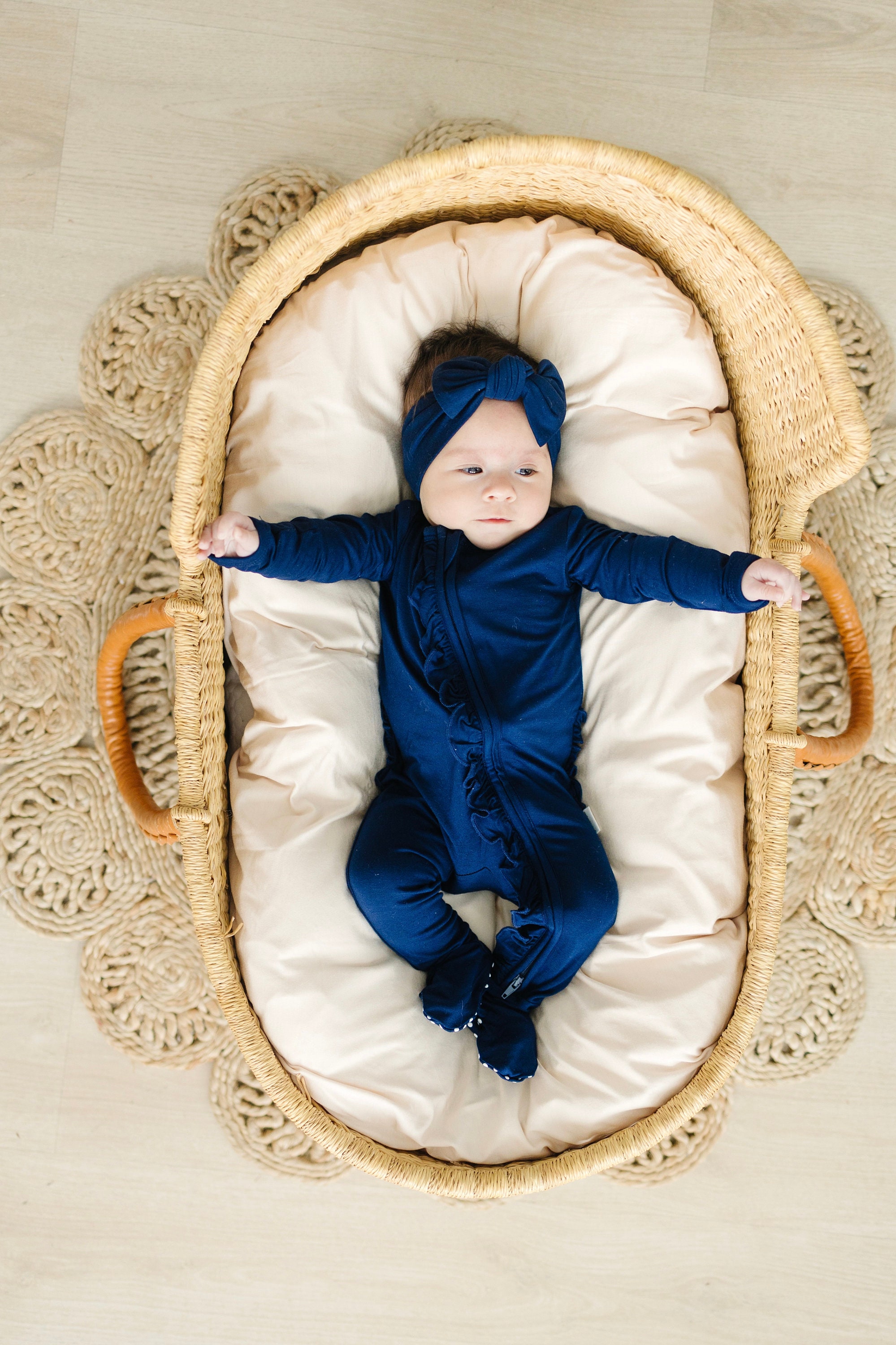 Navy Ruffle Bamboo Baby Romper, 2-Way Zipper Footie Pajamas