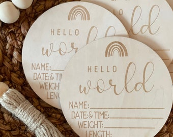 Disco de madera grabado para anunciar el nacimiento del bebé, accesorio para fotos "Hola Mundo"