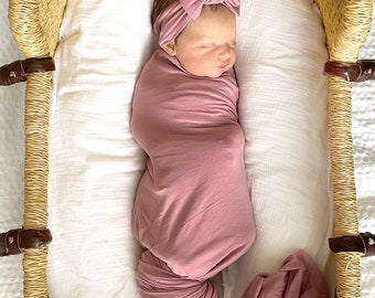 Bamboo Stretchy Swaddling Blanket Mauve Girl New Baby Gift Newborn Swaddle Take Home Dusty Rose  Baby Coming Home Blanket Newborn Swaddle