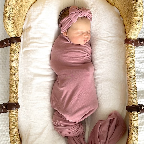 Bamboo Stretchy Swaddling Blanket Mauve Girl New Baby Gift Newborn Swaddle Take Home Dusty Rose  Baby Coming Home Blanket Newborn Swaddle