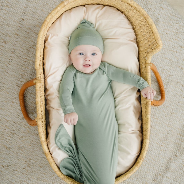Sage Green Bamboo Ultra Soft Baby Knotted Gown Newborn Baby Boy Coming Home Outfit, Newborn Baby Shower Gift Unisex Green Baby Knot Gown