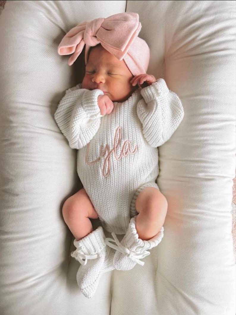 Keepsake Embroidered Knit Sweater Romper, Personalized Newborn Name Chunky Sweater Romper Baby Infant, Embroidered Newborn Oversized Sweater image 4