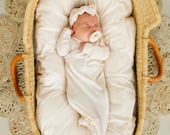 Oatmeal Knotted Bamboo Baby Gown with Bow, Newborn Outfit