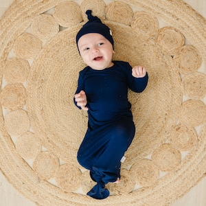 Blue Bamboo Soft Baby Knotted Gown Navy Blue Newborn Baby Boy Coming Home Outfit Newborn Pictures Baby Shower Gift Unisex Baby Knot Gown