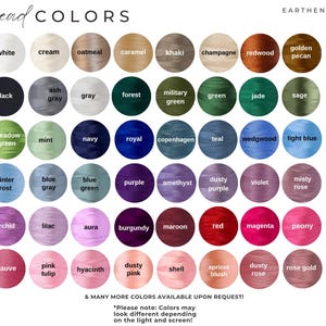 Puede incluir: Una carta de colores que muestra una variedad de colores de hilo, incluyendo blanco, negro, gris y tonos de verde, azul, morado y rosa. El texto "Thread COLORS" est&aacute; en la parte superior, con la marca "EARTHENKINDCO." La carta incluye una nota sobre las variaciones de color.