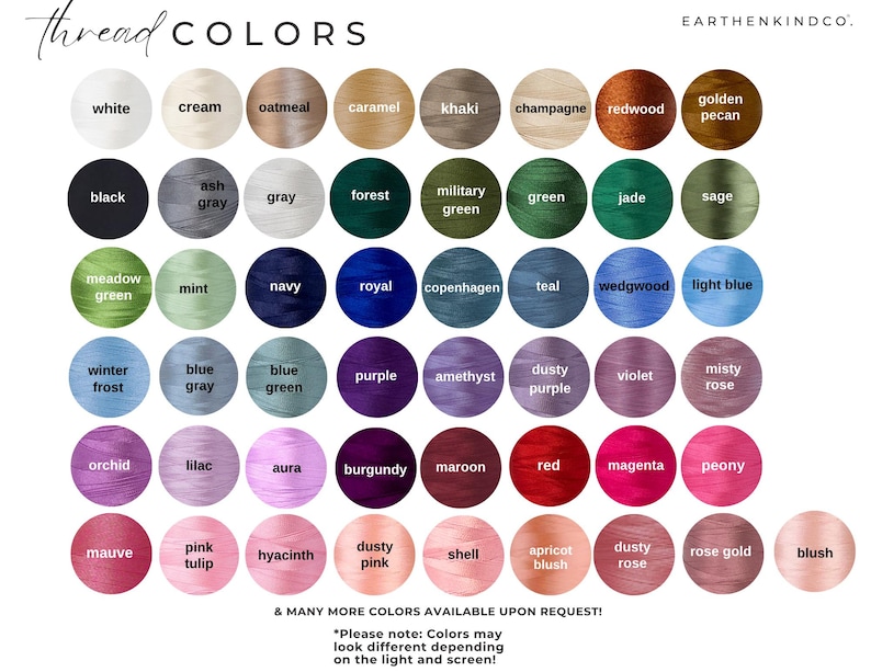 Puede incluir: Una carta de colores que muestra una variedad de colores de hilo, incluyendo blanco, negro, gris y tonos de verde, azul, morado y rosa. El texto "Thread COLORS" est&aacute; en la parte superior, con la marca "EARTHENKINDCO." La carta incluye una nota sobre las variaciones de color.