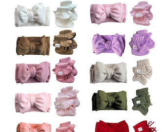 newborn booties, matching hat, oversized bow headband, infant knitwear, birth announcement photoshoot, baby shower gift, coming home outfit