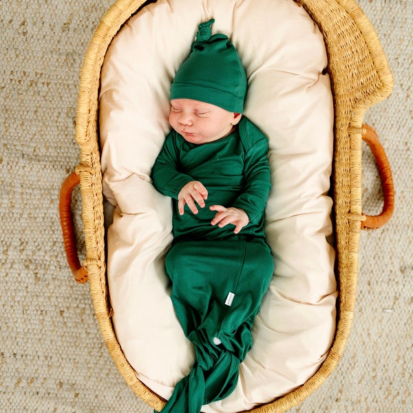 Hunter Green Bamboo Ultra Soft Baby Knotted Gown Newborn Baby Boy Coming Home Outfit Newborn Pictures Baby Shower Gift Unisex Baby Knot Gown