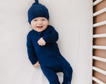 Navy Blue Bamboo Knit Footie With Hat, Baby Boy Clothes, Bamboo Baby Onepiece, Blue Newborn Take home Outfit Footie With Hat, Gender Neutral