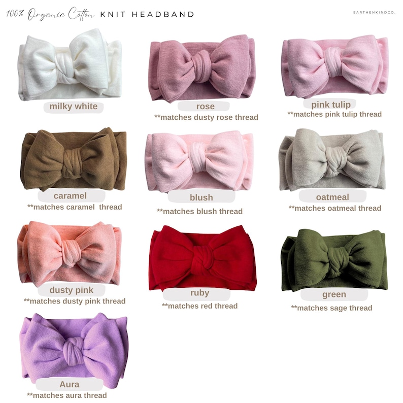 Puede incluir: Una colecci&oacute;n de nueve diademas de punto de algod&oacute;n org&aacute;nico en varios colores, incluyendo blanco lechoso, rosa, rosa tulip&aacute;n, caramelo, rubor, avena, rosa polvoriento, rub&iacute;, verde y aura. Cada diadema presenta un gran lazo.
