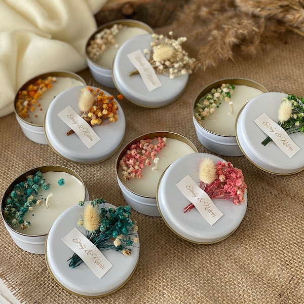 Personalized Natural Soy Wax Candle Favors With Dried Flower, Personalised Metal Candle, Gifts for Guests in Bulk, Wedding gift