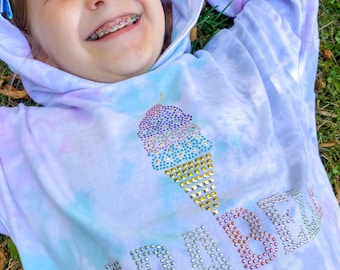 Girls Ice Cream Tie Dyed Cropped French Terry Hoodie | Personalized Ice Cream Bling Design & Name| Gifts for Girls