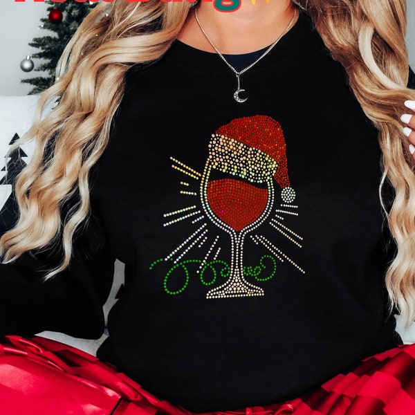 REAL BLING Christmas Red Wine Shirt, Drinkers Santa Hat Wine Glass Shirt, Women Christmas shirt, Funny Christmas Party Shirt, Holiday Gift