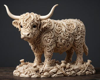Könnte beinhalten: Cremefarbene Skulptur einer Highland-Kuh mit aufwendigen Wirbelmustern. Die Kuh hat große, gebogene Hörner und steht auf einem Sockel mit Disteln und Felsen, vor einem dunklen Hintergrund.