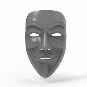 May include: A gray plastic mask with a smiling face, white eye holes, and a pointed chin. The mask has a smooth, reflective surface and is designed to cover the entire face. The mask is a popular symbol of protest and anonymity.